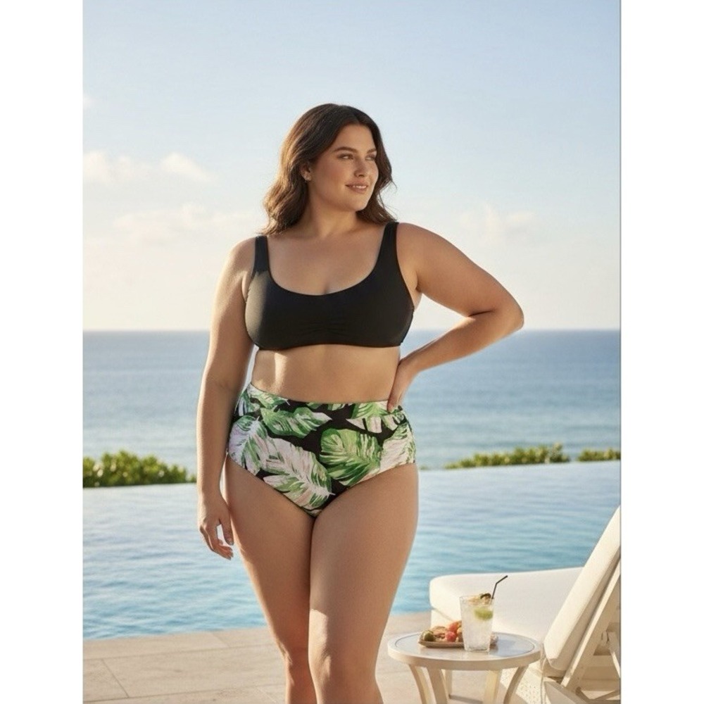 Cacique Lane Bryant Tropical Palm High Waist Bikini Bottom Green Black 22 NWT